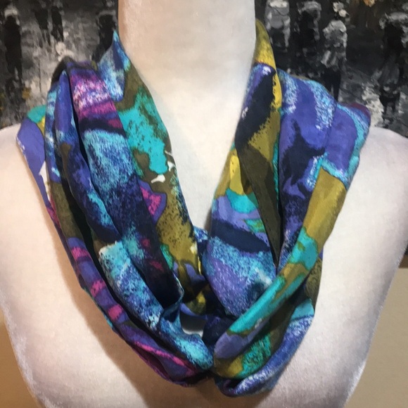 Express Jewel Tone Watercolor 100% Silk Scarf-Size  10x84 - Picture 1 of 8